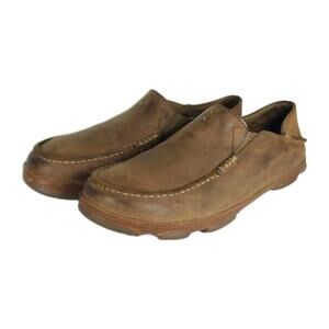 OluKai Men's Moloa US 9 Brown Leather Slip-On Flats Loafer Slippers Shoes
